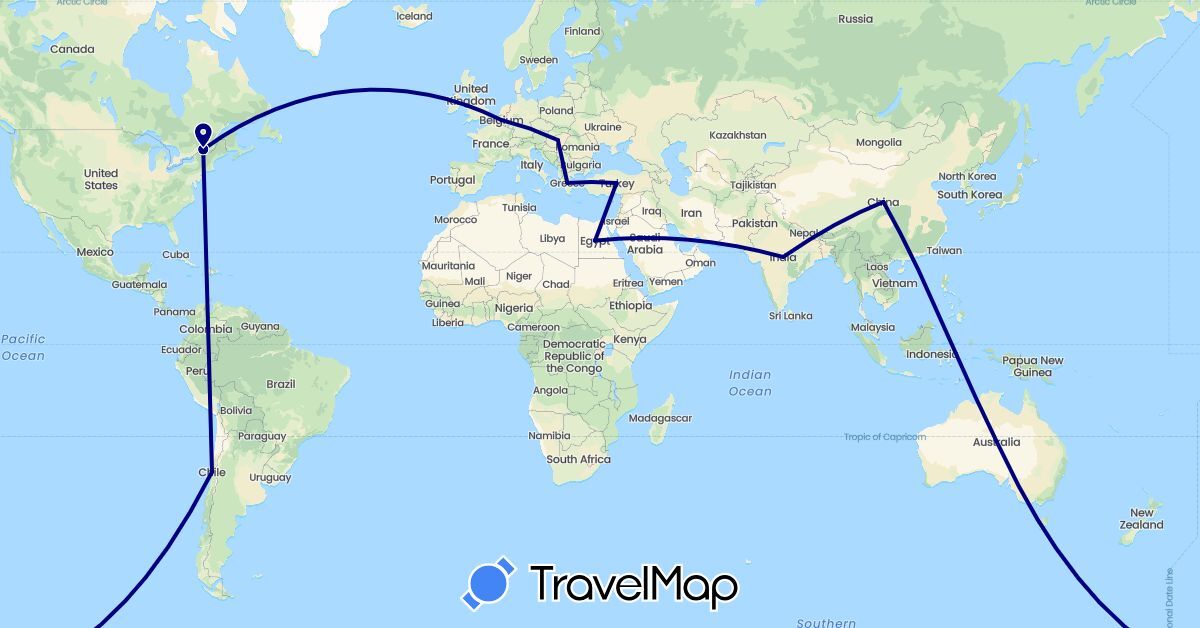 TravelMap itinerary: driving in Australia, Belgium, Canada, Chile, China, Egypt, Greece, Hungary, India, Turkey (Africa, Asia, Europe, North America, Oceania, South America)